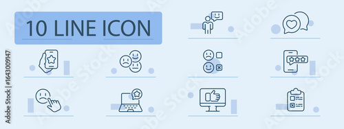 User feedback and review set icon. Faces, emotions, stars, phone, survey, thumbs up, form, chart, and expressions outlined for rating, review, opinion, and evaluation interface