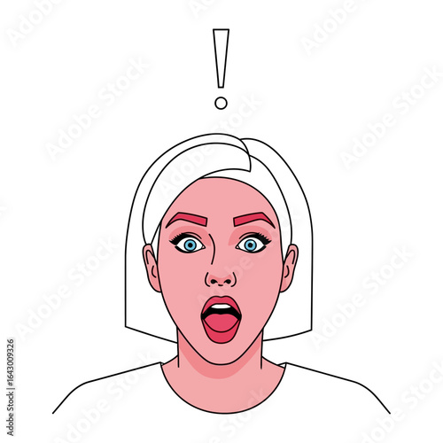 Surprise reaction: A captivating portrayal of astonishment, where wide eyes and an open mouth express the immediate feeling of surprise with an exclamation point. 