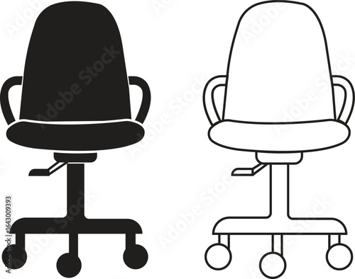 Office chair icons set black flat and outline styles vectors collection, ergonomic furniture bundle, swivel seat silhouette, adjustable backrest symbols, modern workplace seating illustration designs.