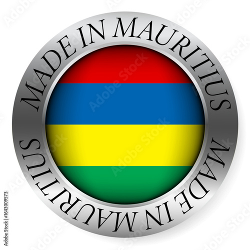 Made in Mauritius button icon. Circular emblem with metallic border, glossy central flag, and bilingual label indicating product origin and international manufacturing identity.