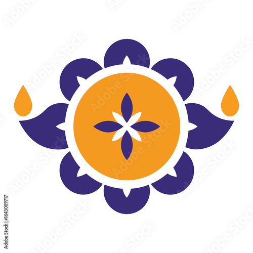 A stylized, symmetrical design features a central floral element with two oil lamps.