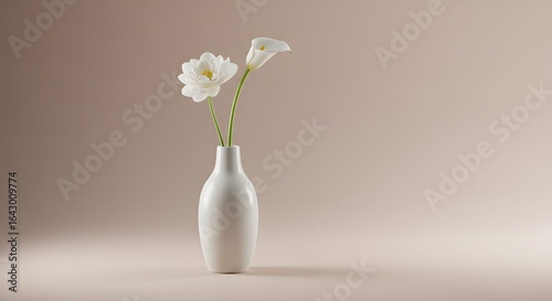Elegant White Flowers in a Simple Ceramic Vase with Soft Lighting and Neutral Background	