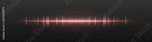 Audio bar. Glowing frequency wave with high intensity peaks and reflection. Suited for UI, music interface, sound visualization, digital signal.
