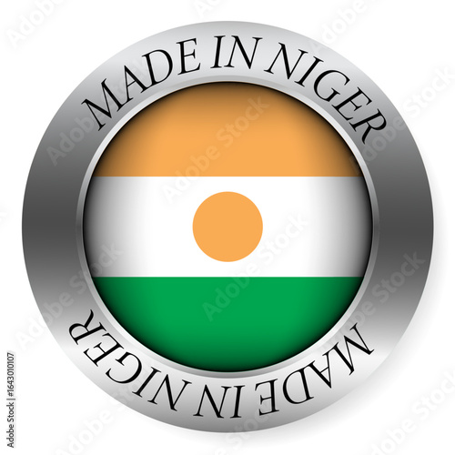Made in Niger button icon. Circular emblem with metallic border, glossy central flag, and bilingual label indicating product origin and international manufacturing identity.