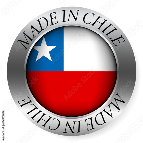Made in Chile button icon. Circular emblem with metallic border, glossy central flag, and bilingual label indicating product origin and international manufacturing identity.