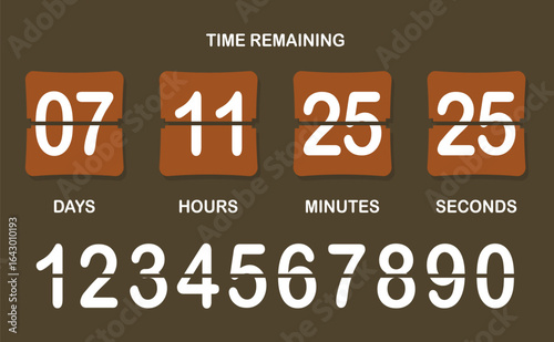 Countdown timer icon. Flip-style numeric display showing days, hours, minutes, seconds with brown background, bold split numbers, and a clear time-remaining header in white text.
