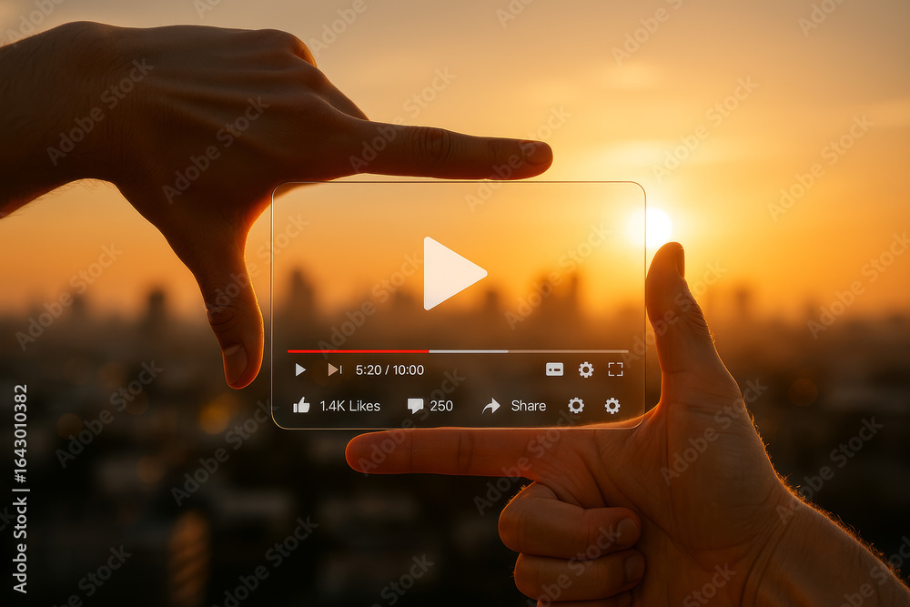 Fototapeta premium A hand frames a digital video interface against a vibrant sunset, symbolizing online content creation and video streaming. The sunset bathes the scene in warm light.
