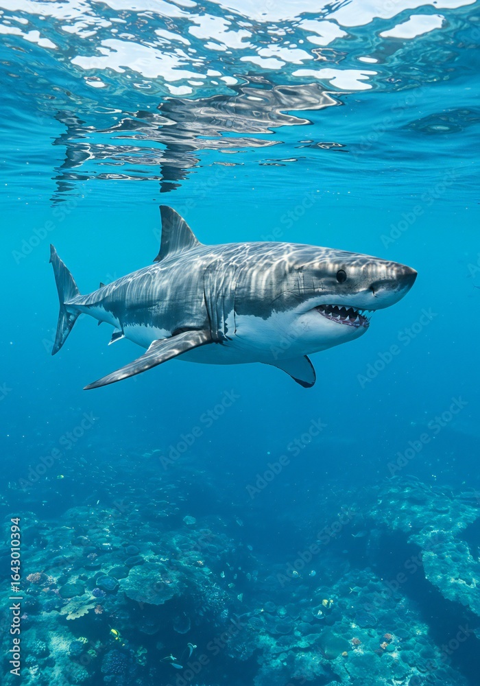 Fototapeta premium Great White Shark Swimming Underwater in Clear Blue Ocean Water