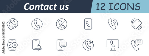 Contact us set icon. Linear icons depict phones, ringing signals, devices, missed calls, chat bubbles, notifications, support availability, and mobile communication tools