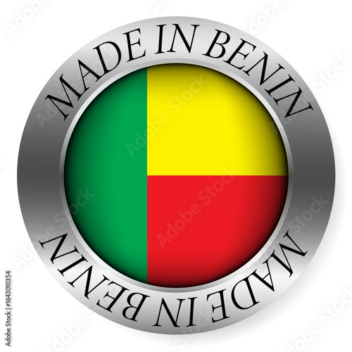 Made in Benin button icon. Circular emblem with metallic border, glossy central flag, and bilingual label indicating product origin and international manufacturing identity.