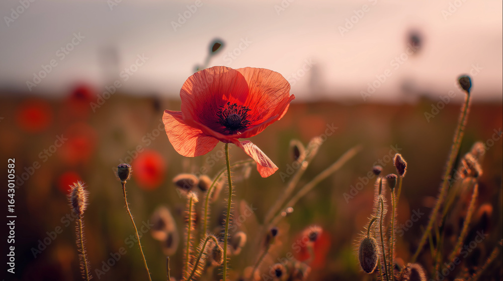 Obraz premium A vibrant red poppy flower bathed in golden sunset light, highlighting nature's beauty.