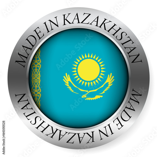 Made in Kazakhstan button icon. Circular emblem with metallic border, glossy central flag, and bilingual label indicating product origin and international manufacturing identity.
