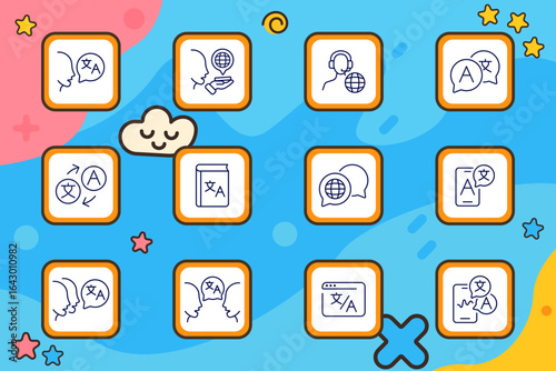 Language and translation icon. Multiple language-themed visuals with globe speech, dictionary, interpreters, browser translation, text swap arrows, mobile language tools, and multilingual conversation