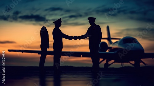 Two Pilots Shaking Hands Against a Sunset with an Airplane Background