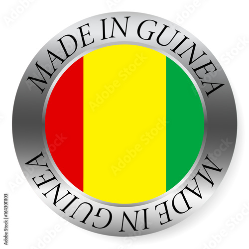Made in Guinea button icon. Circular emblem with metallic border, glossy central flag, and bilingual label indicating product origin and international manufacturing identity.
