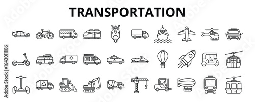 30 Transportation Line Icons Vector - Car, Bicycle, Bus, Train, Truck, Airplane, Ship, Ambulance
