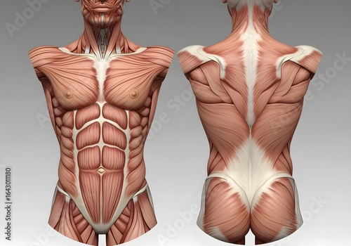 Anatomical rendering of the human torso, showcasing the musculature of the front and back with detailed definition of the abdominal muscles and spinal erectors.