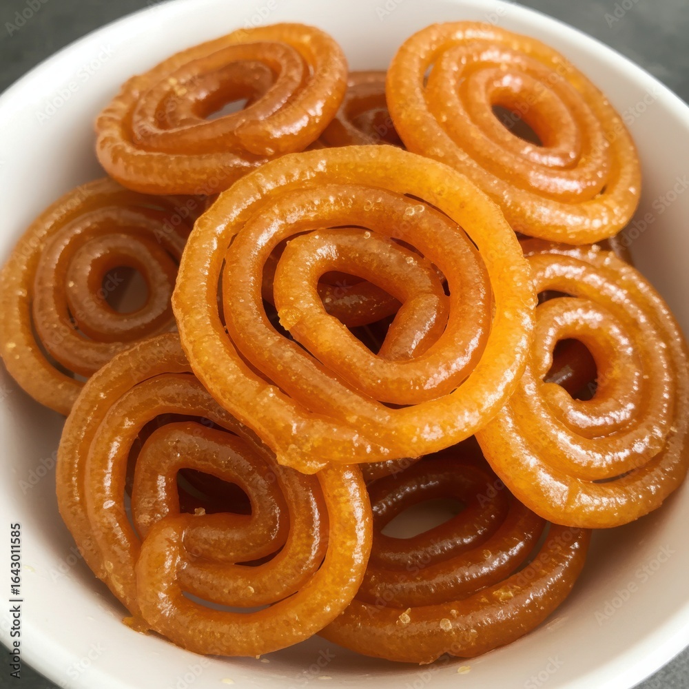Fototapeta premium Golden spiral sweet jalebi dessert in a white bowl