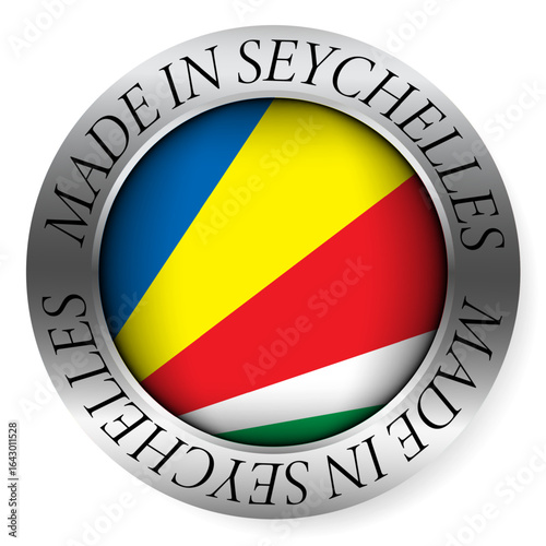Made in Seychelles button icon. Circular emblem with metallic border, glossy central flag, and bilingual label indicating product origin and international manufacturing identity.