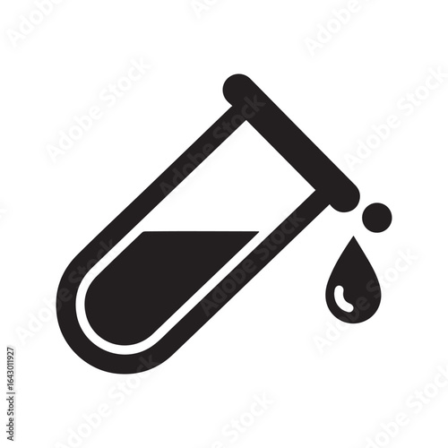 Test tube pouring a liquid drop. Science lab icon for chemistry experiment, medical analysis, or research.
