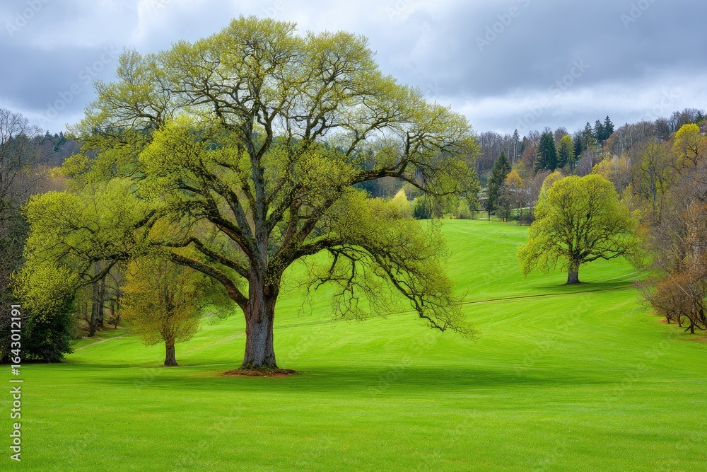 Obraz premium Lush green landscape with large oak tree under a cloudy sky