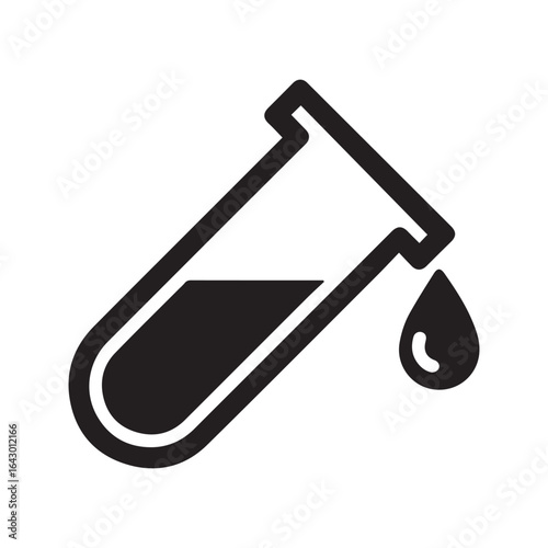 Test tube pouring a liquid drop. Science lab icon for chemistry experiment, medical analysis, or research.
