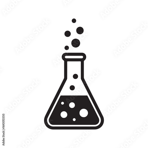 Erlenmeyer flask with bubbling liquid. Simple science lab chemistry icon for experiments and research.
