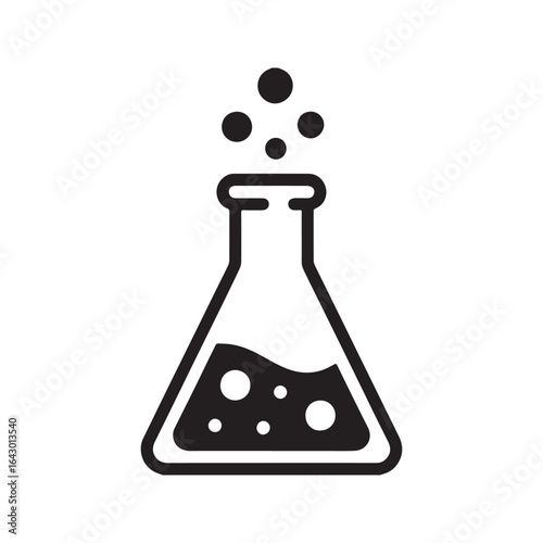 Erlenmeyer flask with bubbling liquid. Simple science lab chemistry icon for experiments and research.

