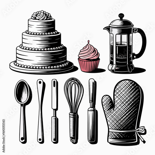 Baking and Cooking Tools Illustration with Cake Cupcake and Coffee Press Graphic Design for Culinary Themes and Recipe Books