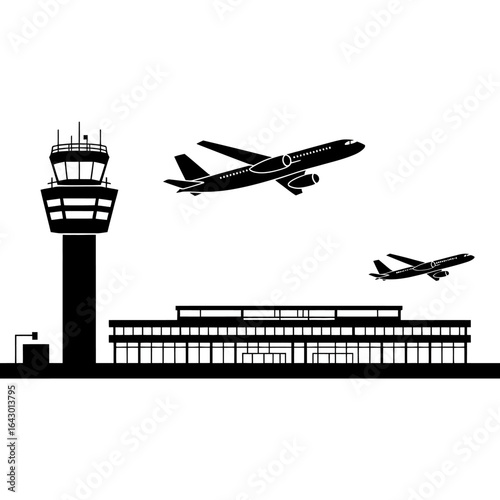 Airport scene with planes taking off control tower and terminal silhouette against white background symbolizing travel and aviation industry