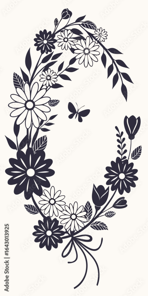 Fototapeta premium Minimilist floral oval frame with daisies, tulips, leaves, and a butterfly in monochrome black and white design art vector