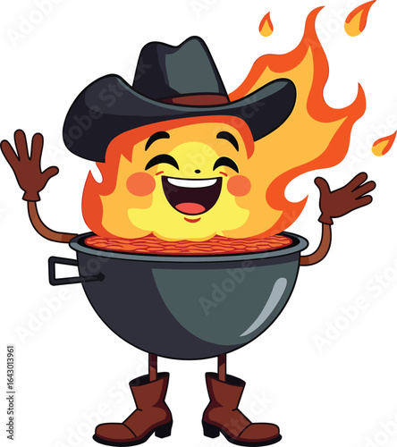 Flame character in pot wearing cowboy hat cartoon
