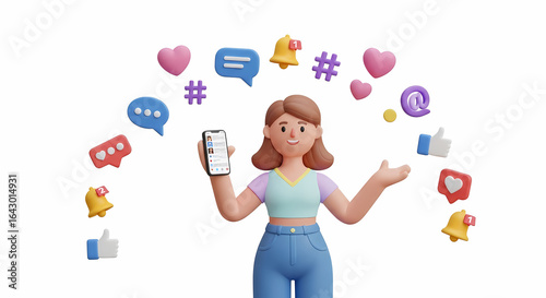 3D Cartoon Girl Using Smartphone with Social Media Icons on White Background