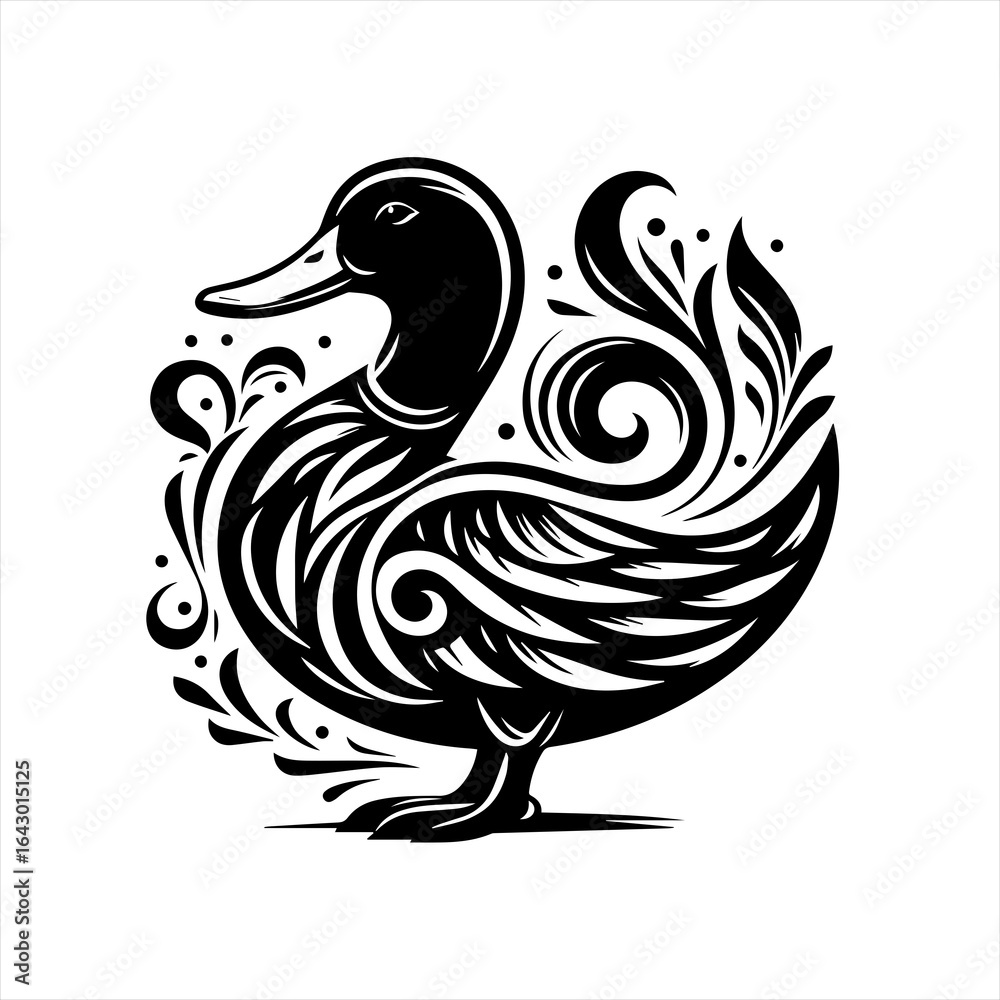 Fototapeta premium Stylized black duck silhouette with decorative swirls and feathers