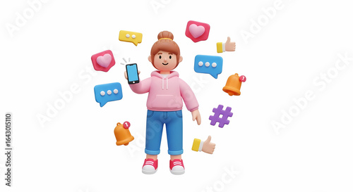 3D Cartoon Girl Using Smartphone with Social Media Icons on White Background