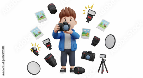 An inflatable 3D cartoon style illustration of a young photographer holding a camera, surrounded by various professional equipment.