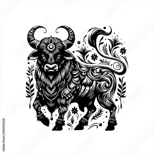 Ornate black and white bull illustration with floral accents