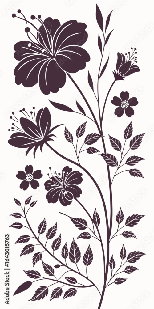 Fototapeta premium Minimilist a dark floral arrangement featuring hibiscus blooms and delicate leaves on a slender stem design element vector