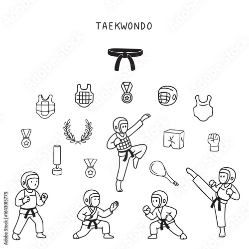 Taekwondo martial arts sports profession work doodle design drawing vector illustration. Vector illustration
