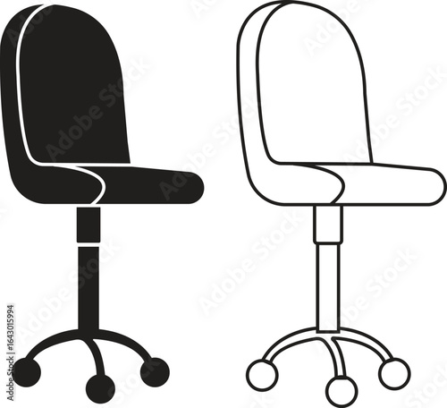 Office chair icons set black flat and outline styles vectors collection, ergonomic furniture bundle, swivel seat silhouette, adjustable backrest symbols, modern workplace seating illustration designs.
