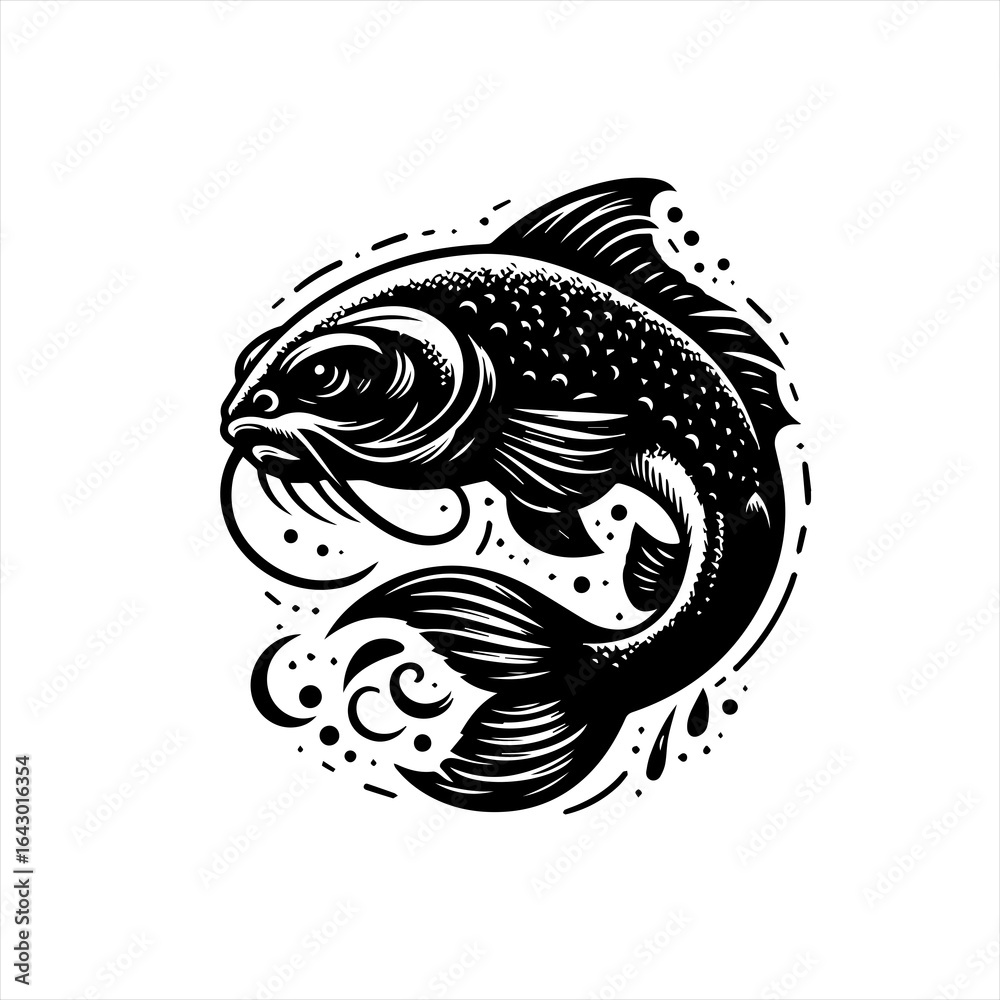 Fototapeta premium Stylized black and white carp fish illustration with decorative elements
