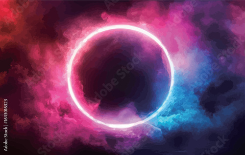 A large red and blue circle with smoke surrounding it. The smoke is purple and pink. The circle is surrounded by a dark blue background