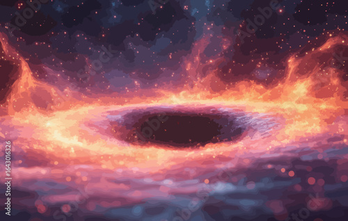A fiery hole in the sky with a bright orange glow. The hole is surrounded by a lot of fire and stars