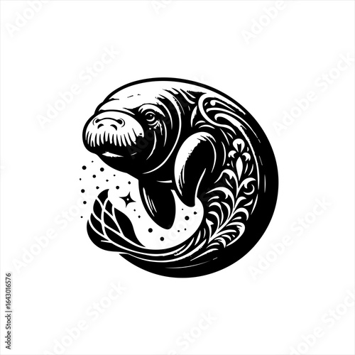 Stylized black and white illustration of a manatee with decorative floral elements