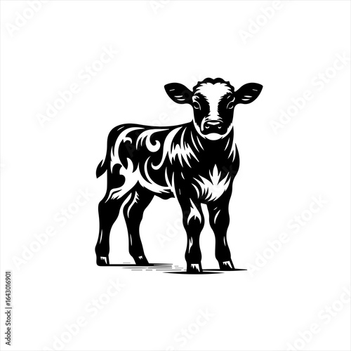Stylized black and white calf with tribal markings