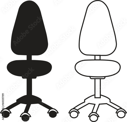 Office chair icons set black flat and outline styles vectors collection, ergonomic furniture bundle, swivel seat silhouette, adjustable backrest symbols, modern workplace seating illustration designs.