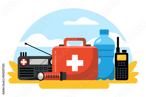 Emergency preparedness kit illustration featuring first aid box radio water and walkie talkie for disaster planning