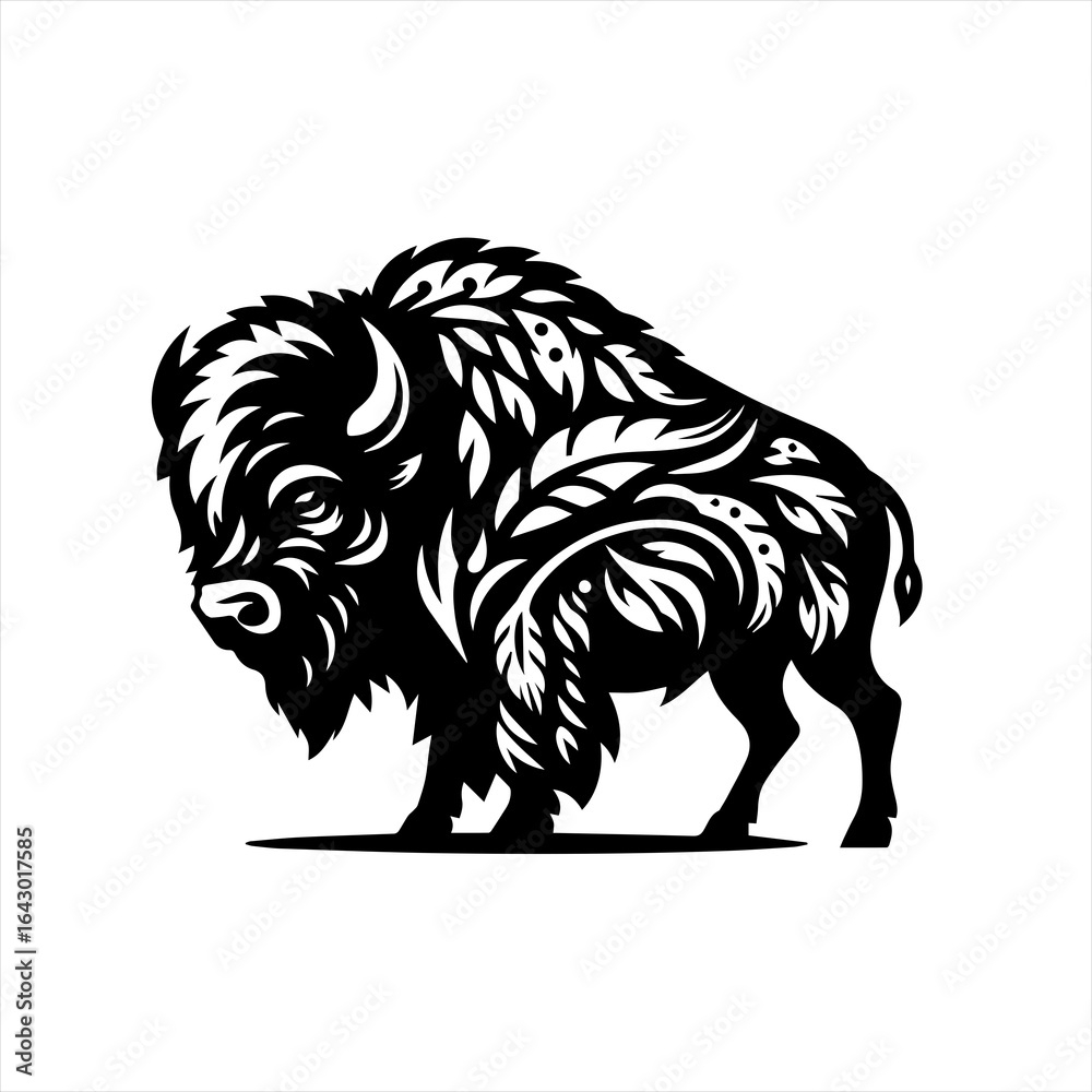 Obraz premium Stylized black and white bison silhouette with floral ornaments