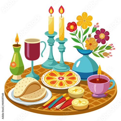 Passover Table Setting with Matzah Candles Wine and Flowers Vector Isolated on White