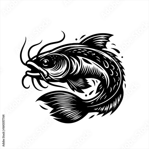 Stylized black and white catfish illustration with whiskers